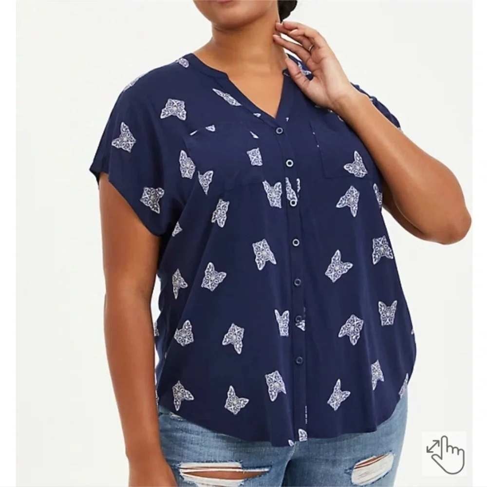 Torrid Lenny Dolman Top Women 2X Navy Blue French Bulldog Print Button Up Pocket
